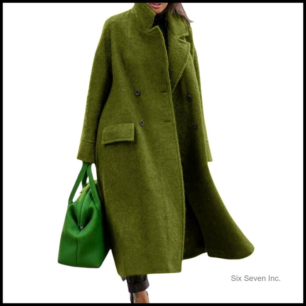 Oversized Wool Blend Trench Coat Long Winter Pea Overcoat